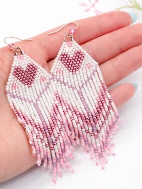 Handmade Pink Heart Seed Bead Fringe Earrings - Women Jewelry